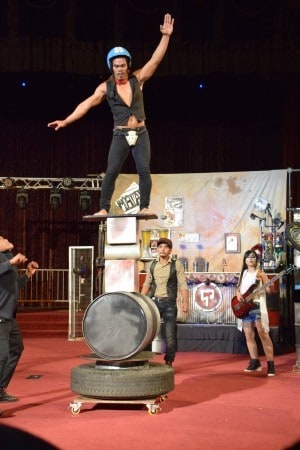 Phare Circus performer does Rolla Bolla on an oil drum in "Khmer Metal" at the Scottish Rite Center - Oakland California