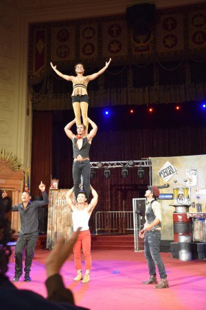 Phare Circus performers of "Khmer Metal" make human tower at the Scottish Rite Center - Oakland California