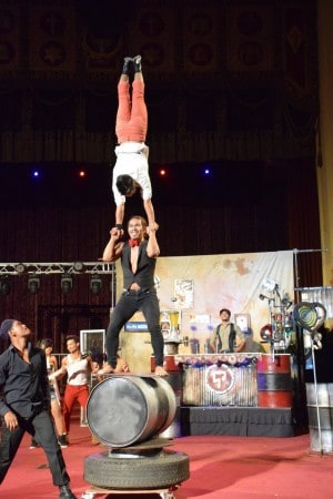 Phare Circus perform hand-to-hand balance on oil drum in "Khmer Metal" at the Scottish Rite Center - Oakland California