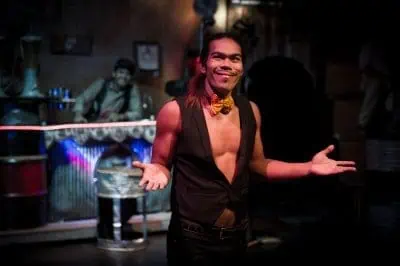 Phare Circus performer smiling on stage during the show "Khmer Metal"