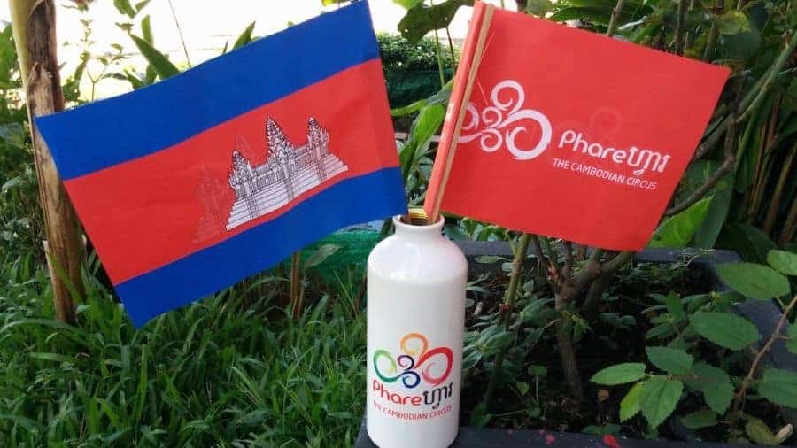 Phare Circus refillable sports water bottle with Cambodian and Phare flags