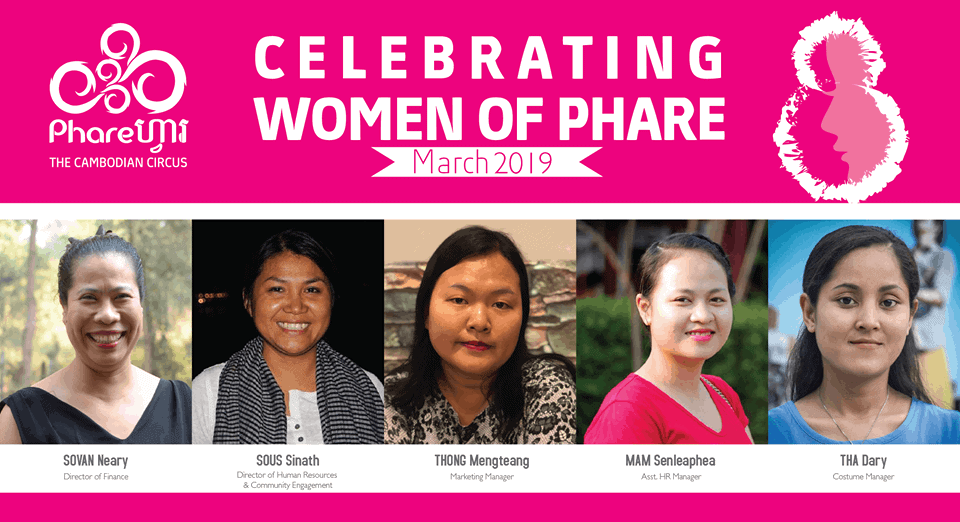 Banner of 5 women management and staff of Phare, The Cambodian Circus for Women's Day 2019