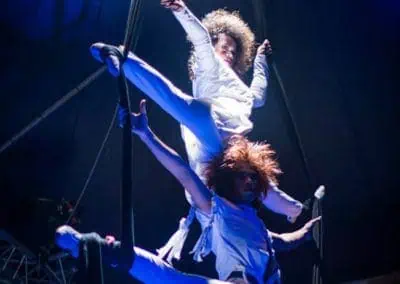 Phare Circus performance "Chills": 2 aerial silk artists in ghost costume and makeup perform together