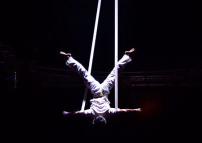 Phare Circus performance "Eclipse": male artist inverted on aerial straps above stage