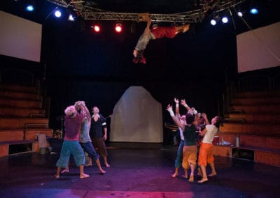 Phare Circus performance "Panic!": a group of make artists perform Banquine acrobatics on the circus stage