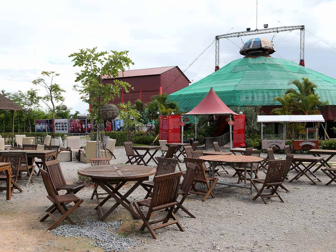 Siem Reap nightlife -  dining at Phare Circus - open air tables in front of iconic circus big top