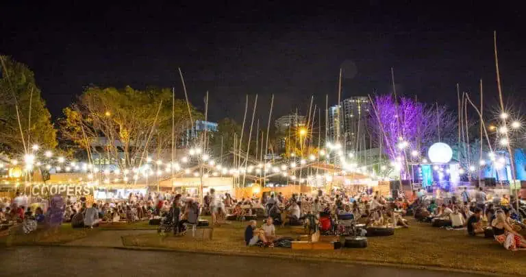 Phare Circus at Darwin Festival 2019 - festival goers at outdoor open air dining area