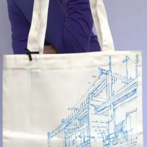 Phare Circus Boutique shop tote bag - khmer house design - blue print on white