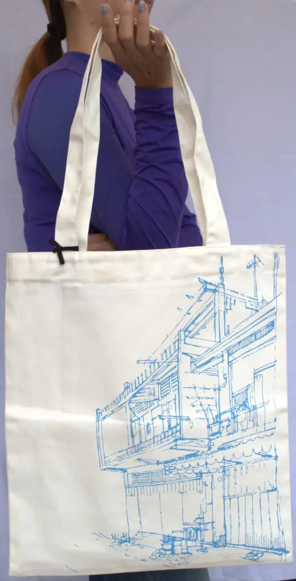 Phare Circus Boutique shop tote bag - khmer house design - blue print on white