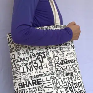 Phare Circus Boutique shop tote bag - word cloud design - black print on white