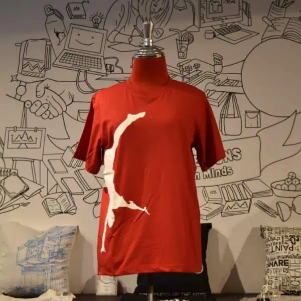 Phare t-shirt - artist handstand design - white on red