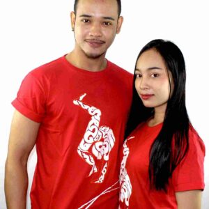 Phare Circus artists tshirt - contortion - male and female artists wearing red shite with white design
