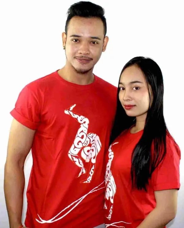 Phare Circus artists tshirt - contortion - male and female artists wearing red shite with white design