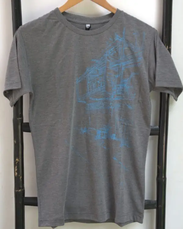 Phare Boutique shop t-shirt of Khmer house - blue print on gray
