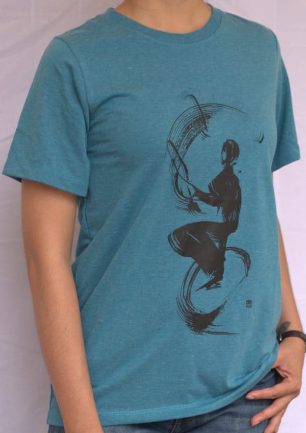 Phare Boutique shop t-shirt of juggling on unicycle - black print on blue