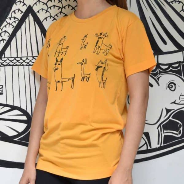Phare Circus t-shirt - sketched dogs line art design - black on yellow