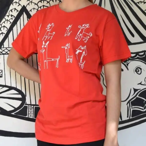 Phare Circus t-shirt - sketched dogs line art design - white on red