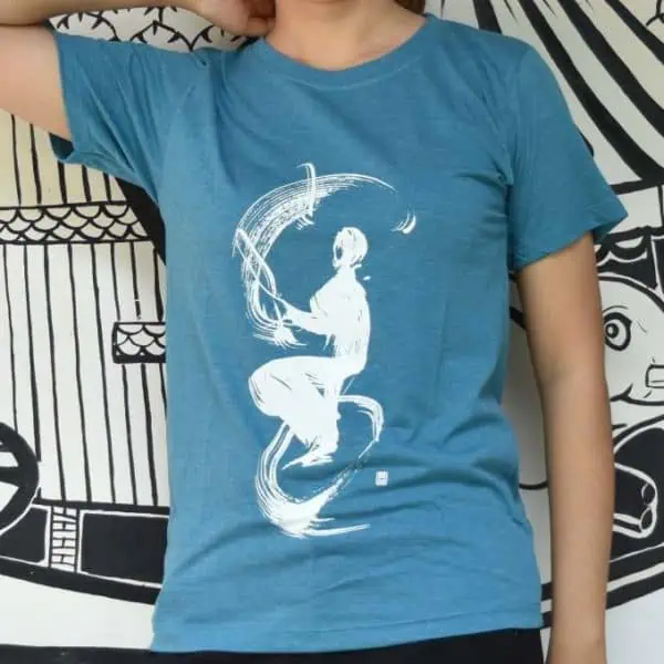 Phare t-shirt - juggling on monocycle calligraphy design - white on light blue