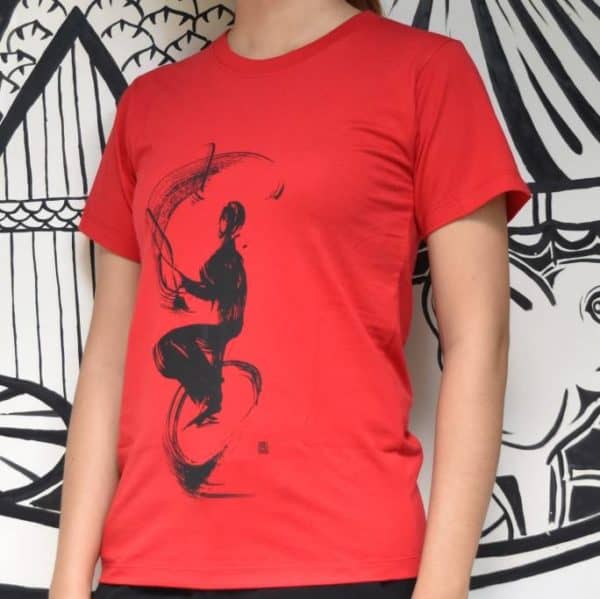 Phare T-shirt - juggling on monocycle calligraphy design - black on red