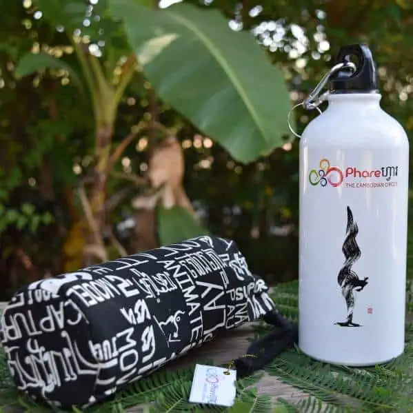 White Phare Circus Sports Water Bottle- black calligraphy handstand design - black bag with white text art