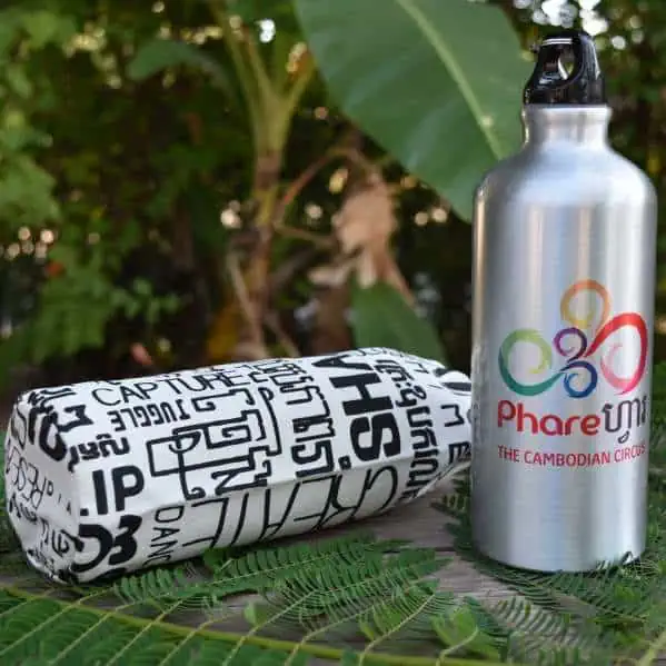 Metallic Sports Water Bottle - colorful Phare Circus logo - white bag with black text art