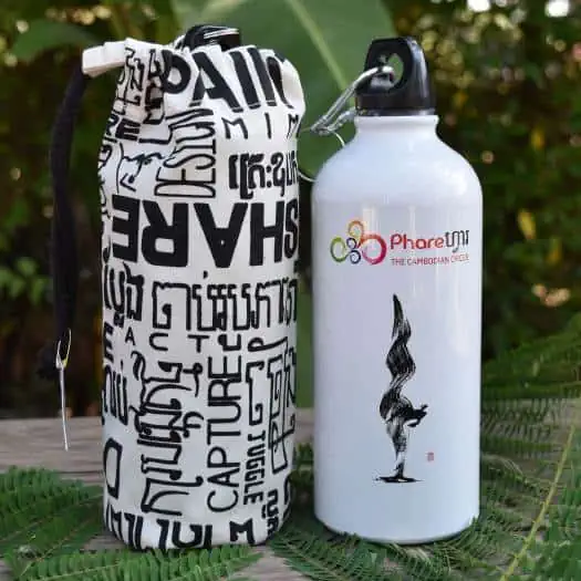 Phare Circus Sports white water bottle with black calligraphy handstand - white bag with black text art