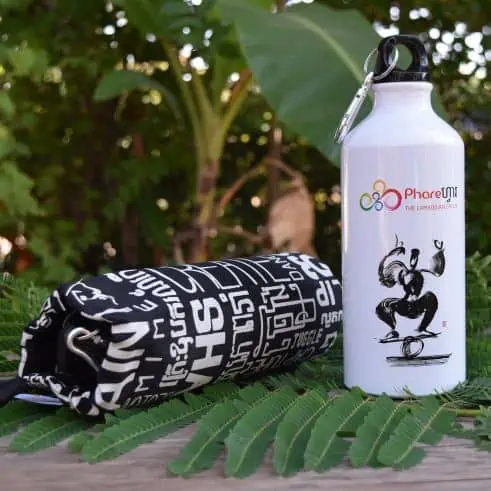 White Sports water bottle with Phare Circus rola-bola design - black bag with white text art