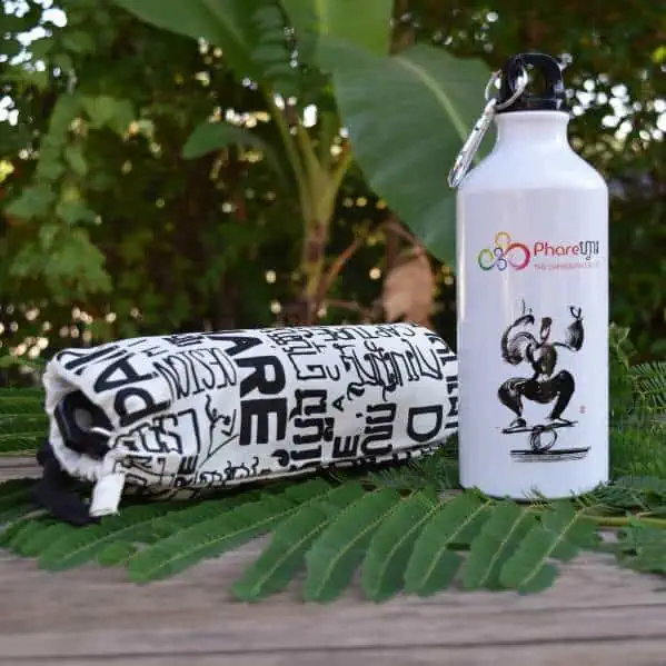 White Sports water bottle - Phare Circus rola bola design - white bag with black text art design