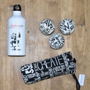 Phare Circus Sports Set - sports water bottle, black bag with white text, white juggling balls with black text